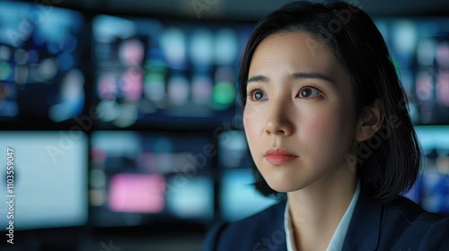 A focused woman gazes intently, surrounded by multiple screens displaying data, suggesting a high-tech environment and critical decision-making.