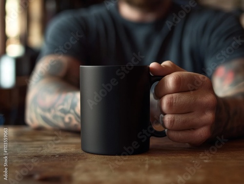 Warm light fills the room as a woman with intricate tattoos wraps her hands around a black mug, savoring a peaceful moment of reflection and comfort