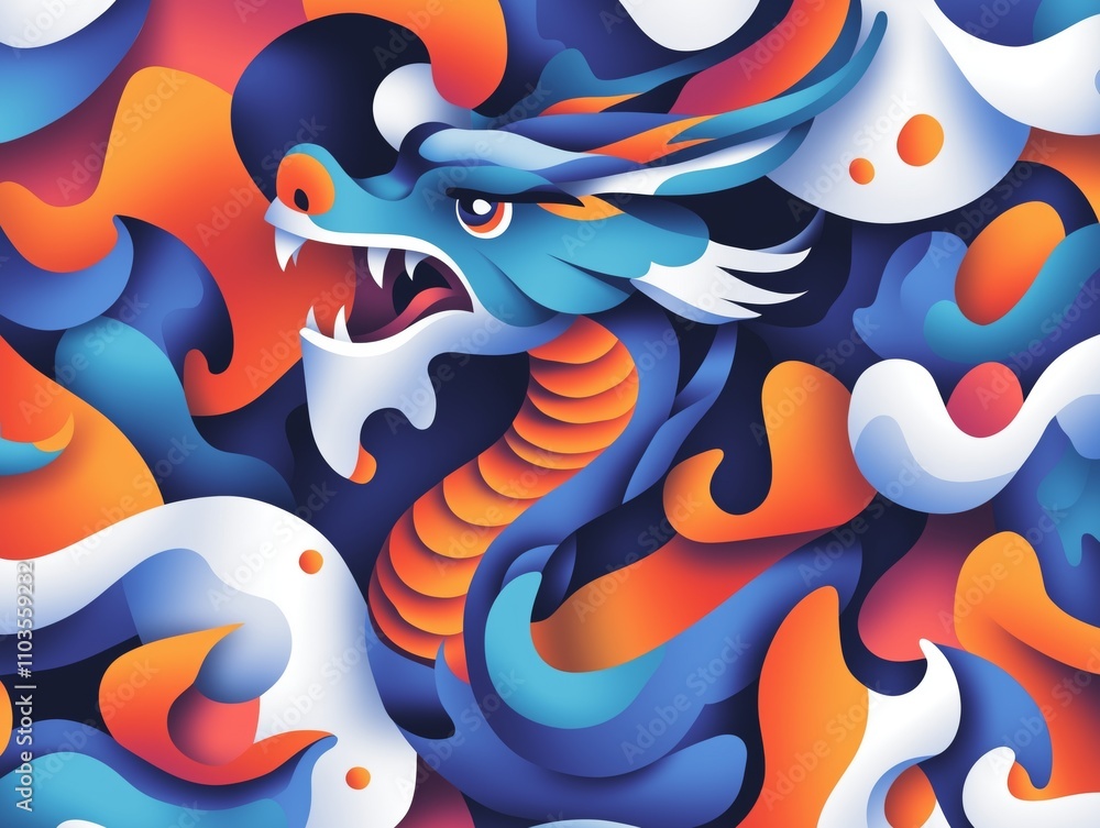A dynamic and playful Chinese dragon illustration in vibrant colors with swirling curves and bold lines. The whimsical design blends fantasy with Asian culture, creating an intricate digital artwork A dynamic and playful Chinese dragon illustration in vibrant colors with swirling curves and bold lines. The whimsical design blends fantasy with Asian culture, creating an intricate digital artwork