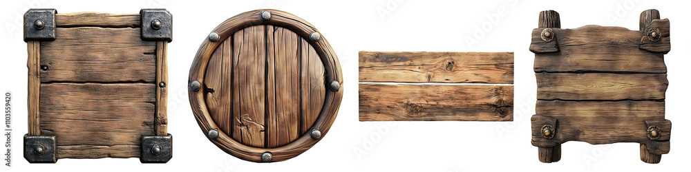 Fototapeta premium A wooden sign isolated on transparent background, Set of