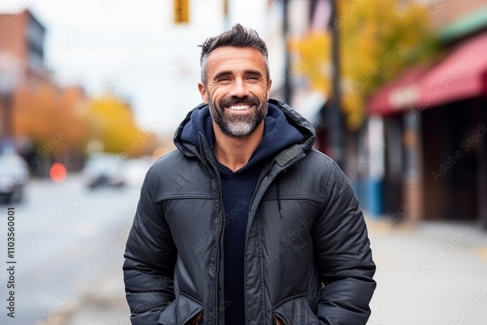 portrait of handsome middle aged man smiling outside in a city street portrait of handsome middle aged man smiling outside in a city street