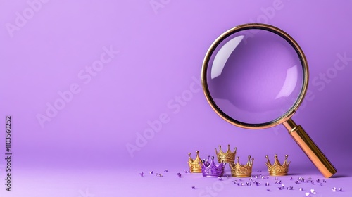 A magnifying glass hovers over small gold crowns on a purple background, evoking themes of royalty and discovery.
