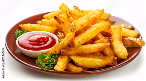 Plate of tasty French fries with ketchup against a white background.