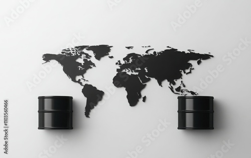 A minimalist representation of oil barrels on a world map, with black color on a white background, symbolizing the global oil market and energy industry.  photo