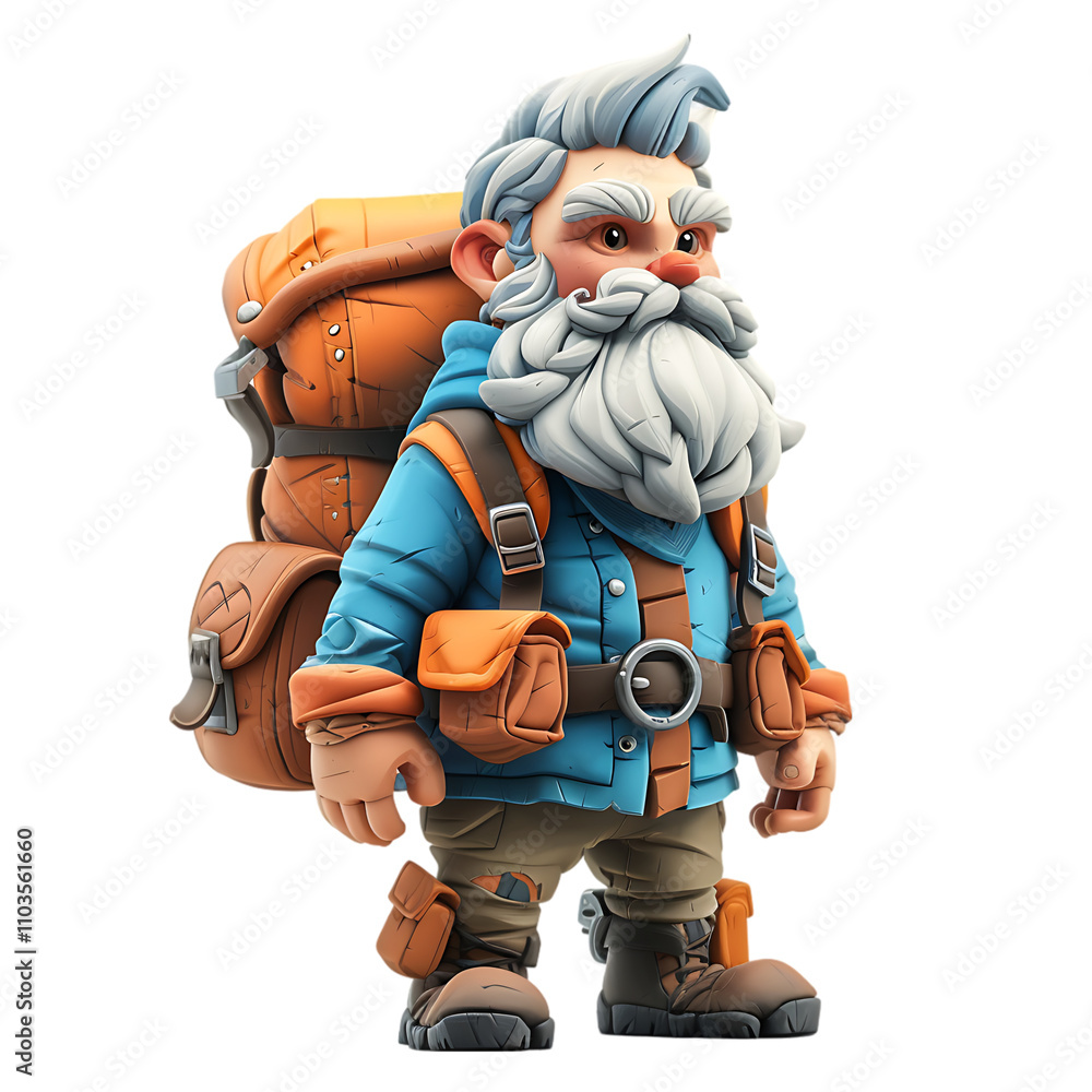 Obraz premium 3D Hand-Drawn Bearded Adventurer Character with Backpack Isolated on Transparent PNG