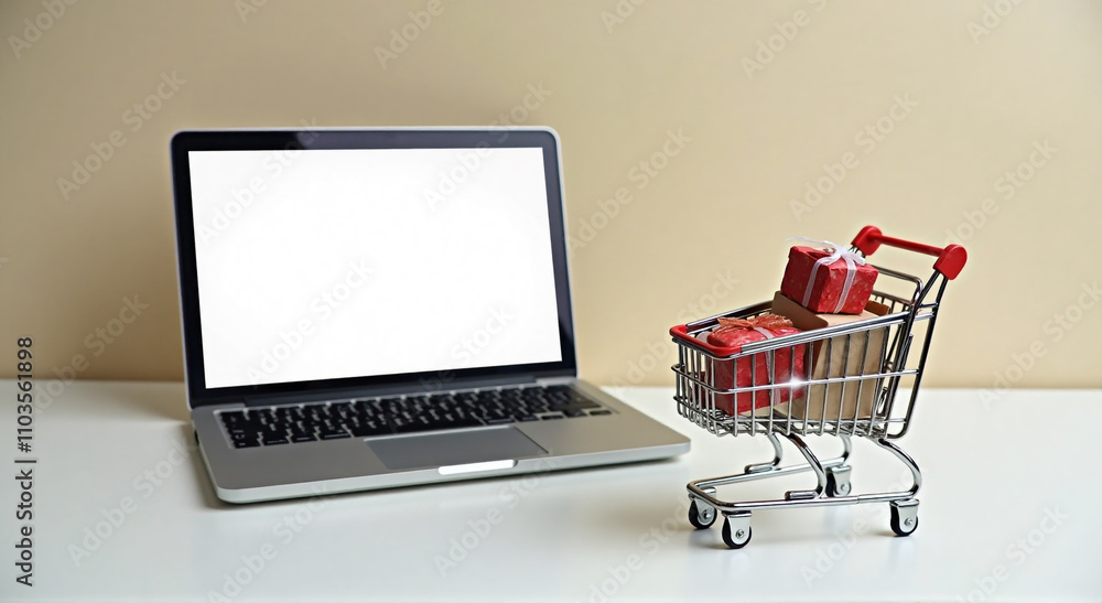 shopping cart and laptop shopping cart and laptop
