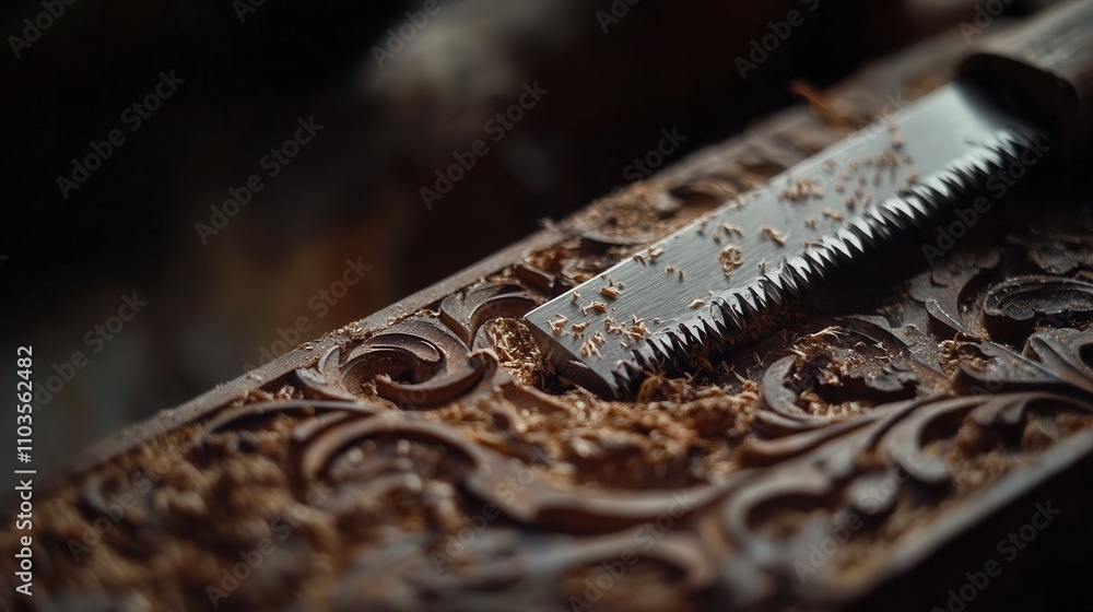 A close-up of a coping saw with a fine-toothed blade, being used to cut out a detailed pattern in a piece of wood. A close-up of a coping saw with a fine-toothed blade, being used to cut out a detailed pattern in a piece of wood.