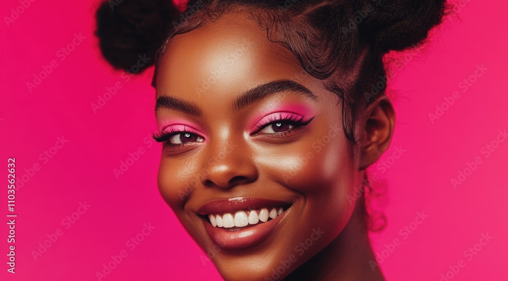 Fototapeta premium Skincare editorial shoot of an African American model with pink eyes and hair in buns, smiling 