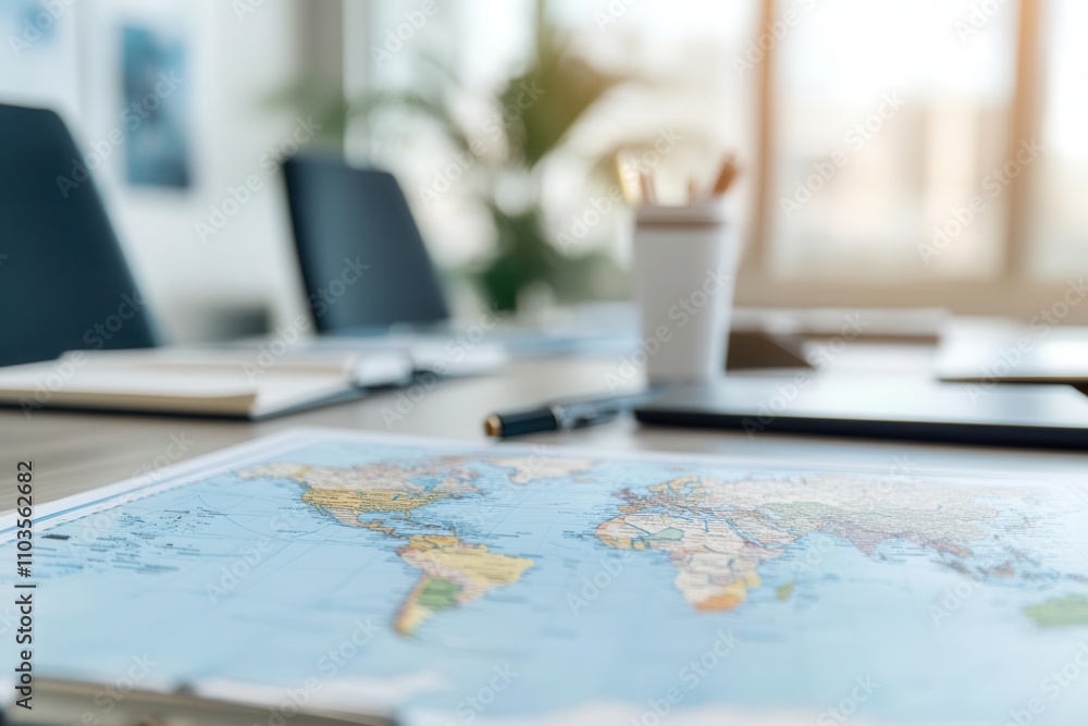 Boardroom with a world map filled with target locations for housing business expansion projects Boardroom with a world map filled with target locations for housing business expansion projects