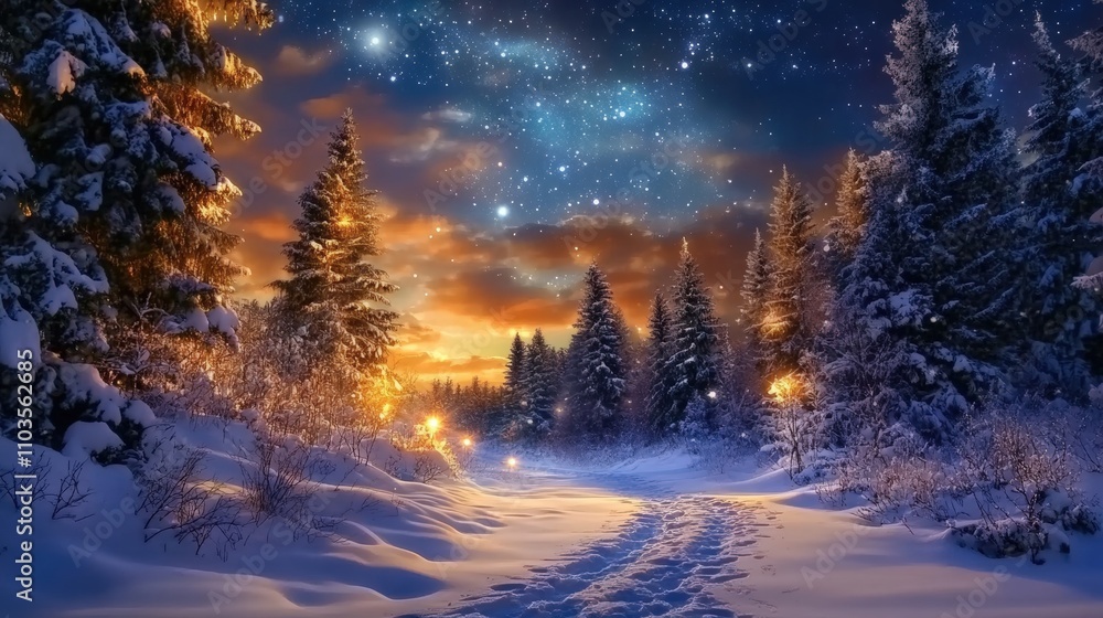 Serene Winter Landscape with Snow-Covered Pine Trees Under a Starry Sky at Dusk in a Snowy Forest Setting Serene Winter Landscape with Snow-Covered Pine Trees Under a Starry Sky at Dusk in a Snowy Forest Setting