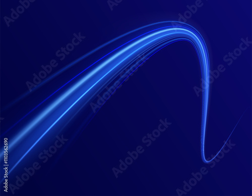 Vector glowing lines air flow effect. Light trail wave, fire path trace line, car lights, optic fiber and incandescence curve twirl. Big data traffic visualization, dynamic high speed, 
png, effect. 