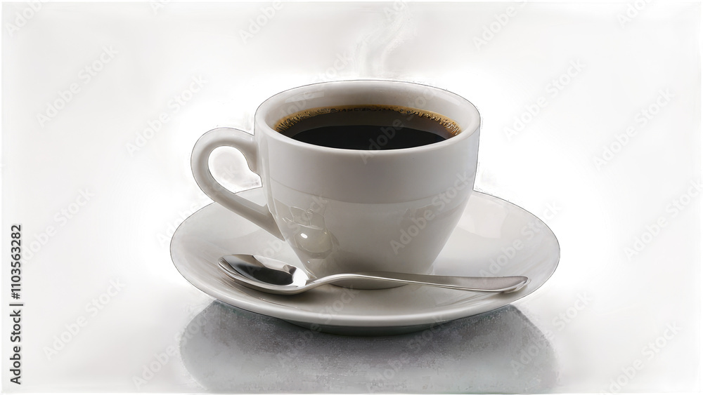 Steaming cup of black coffee on saucer with spoon transparent background Steaming cup of black coffee on saucer with spoon transparent background
