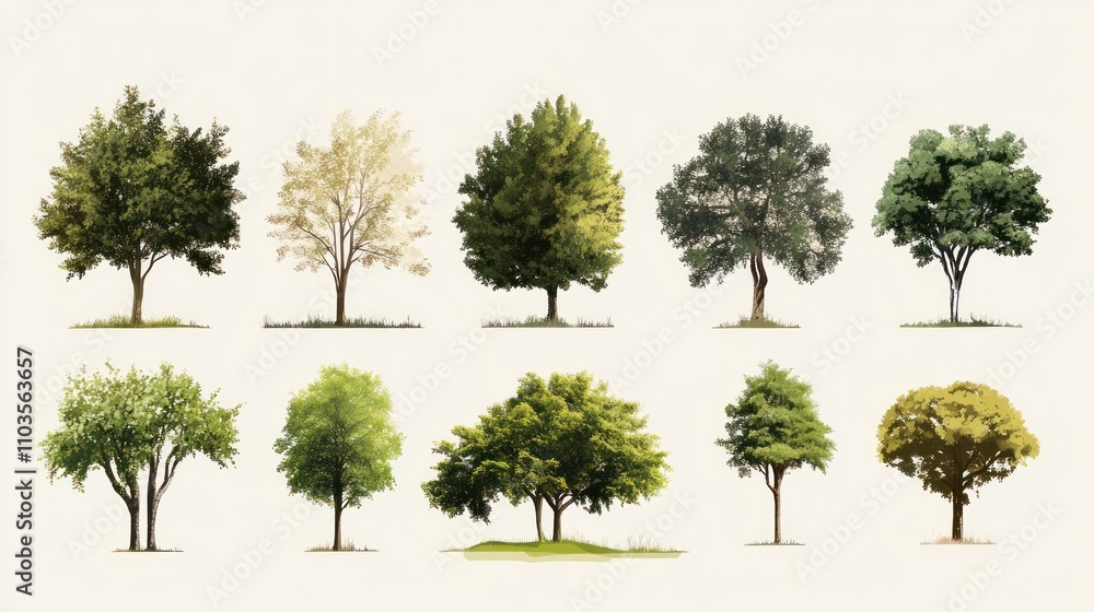 Fototapeta premium Collection of Ten Watercolor Trees: A Diverse Array of Foliage