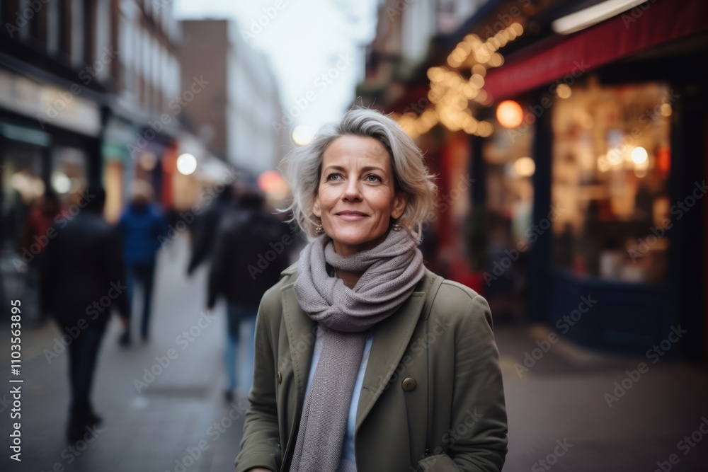 Portrait of mature woman walking in the city at Christmas time. Portrait of mature woman walking in the city at Christmas time.
