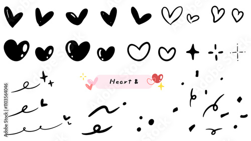 A cute hand-drawn illustration set of various hearts, heart marks, glitter and decorations / いろいろなハート、ハートマーク、キラキラやあしらい、かわいい手描きのイラストセット