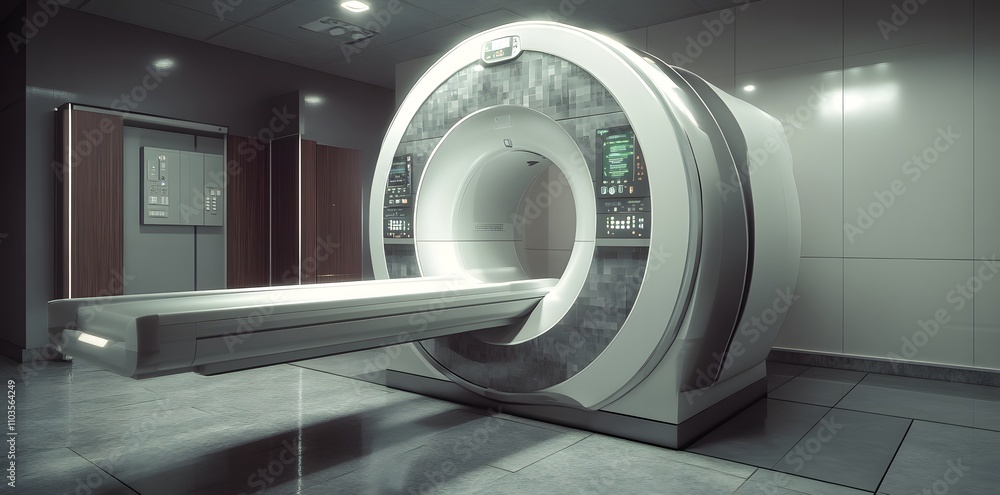 A modern MRI machine in a clinical setting, designed for medical imaging and diagnostics. A modern MRI machine in a clinical setting, designed for medical imaging and diagnostics.