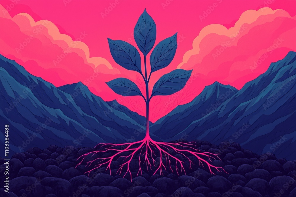 Fototapeta premium A vibrant illustration of a plant emerging from rocky soil, surrounded by mountains under a colorful sky, symbolizing growth and resilience.