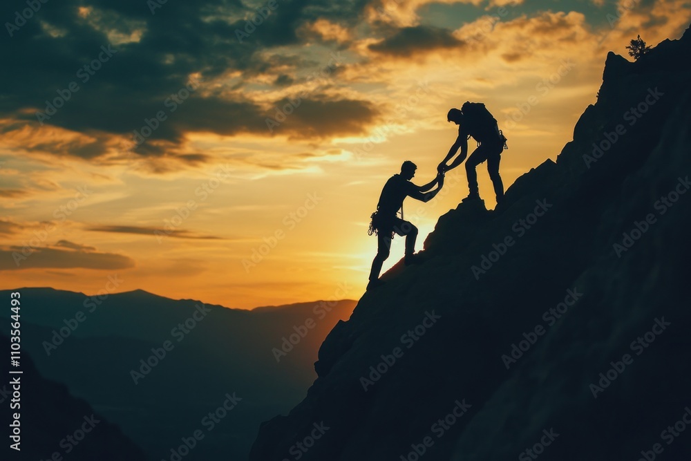 Fototapeta premium Two Climbers Assisting Each Other During a Sunset