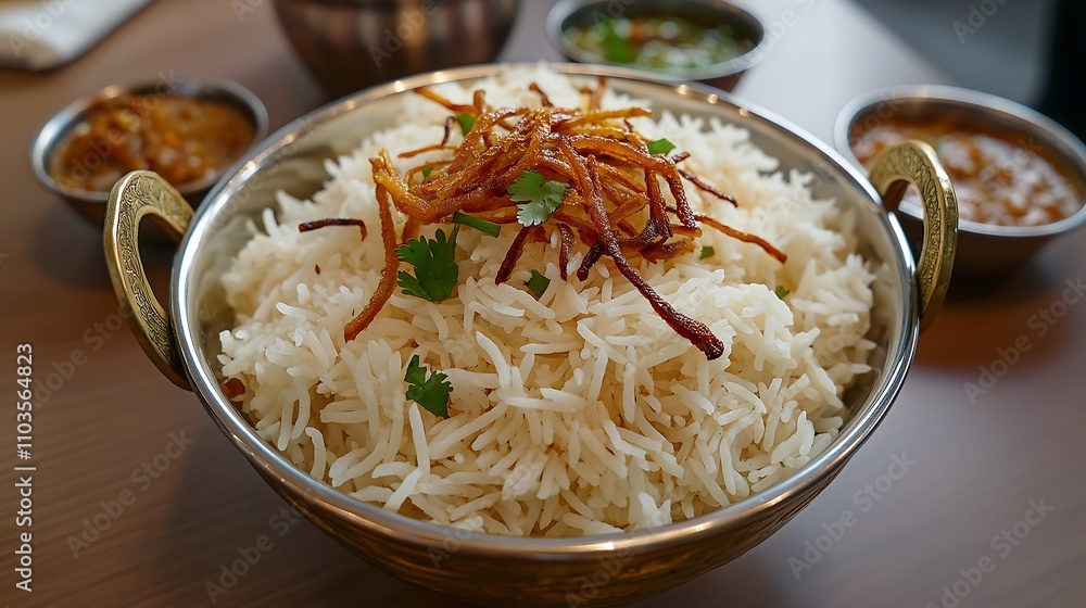 A bowl of fragrant rice topped with crispy fried onions, garnished with cilantro, accompanied by side dishes. A bowl of fragrant rice topped with crispy fried onions, garnished with cilantro, accompanied by side dishes.