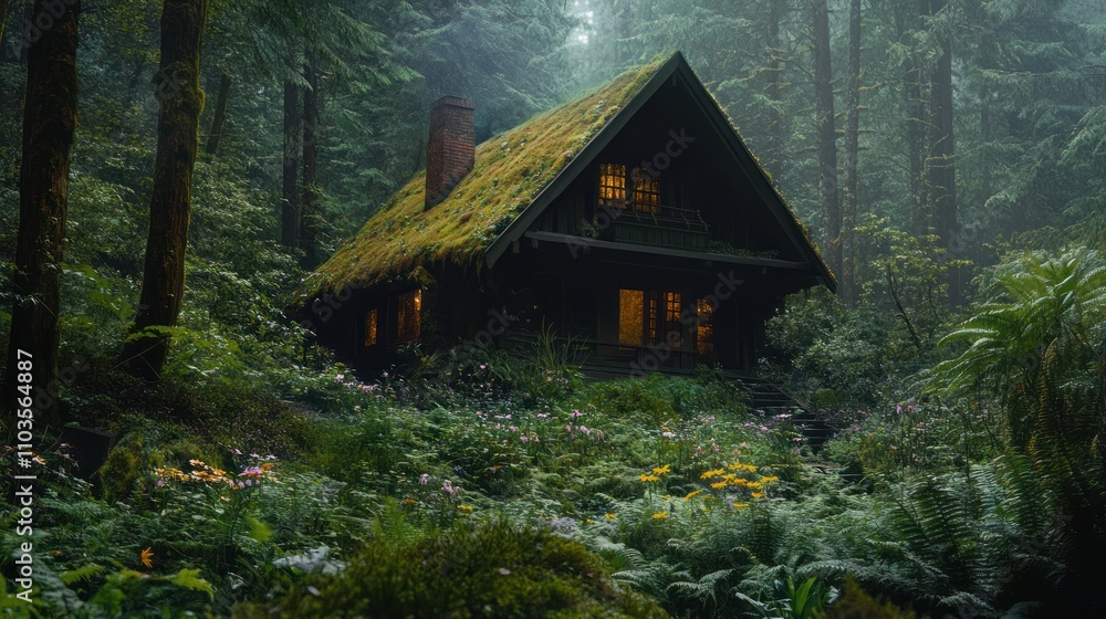 A cozy, moss-covered cabin nestled in a lush forest, illuminated by warm lights. A cozy, moss-covered cabin nestled in a lush forest, illuminated by warm lights.