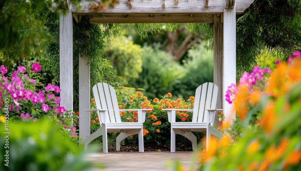 Cozy seating area under pergola surrounded by vibrant flowers, creating serene garden retreat. Perfect for relaxation and enjoying nature beauty Cozy seating area under pergola surrounded by vibrant flowers, creating serene garden retreat. Perfect for relaxation and enjoying nature beauty
