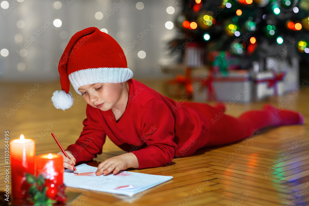 A cheerful boy in a Santa Claus costume writes a letter to Santa against the background of a Christmas tree.. A cheerful boy in a Santa Claus costume writes a letter to Santa against the background of a Christmas tree..