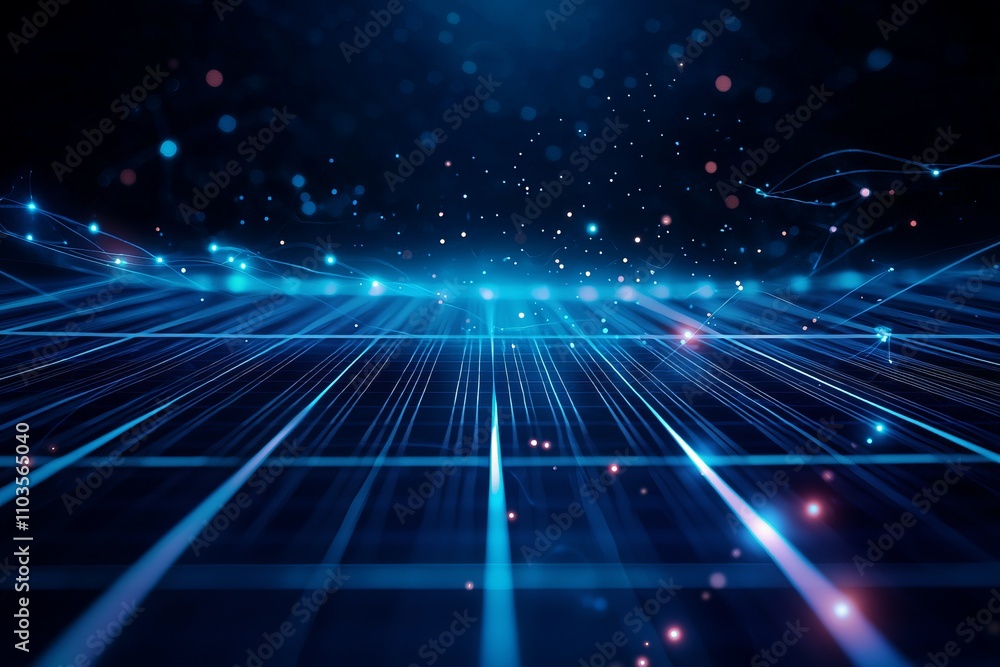 Obraz premium A vibrant digital landscape with glowing lines and particles creating a futuristic, abstract effect.