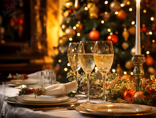 Christmas dinner feast. A decorated dining table with champagne glasses and christmas tree in background.