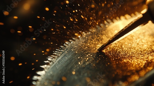 A close-up of a saw blade being sharpened using a sharpening tool.