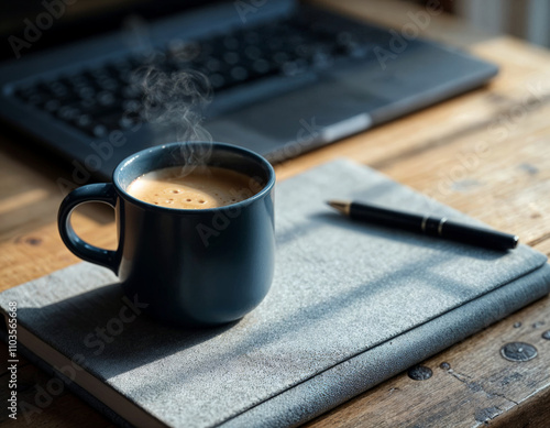 a cup of coffee is on a notebook next to a pen and a gray with blue accent opened laptop on table
