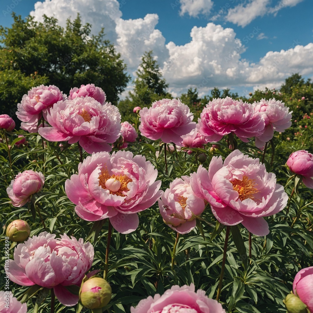 A group of pink peonies in full bloom, set against a bright and airy garden with soft clouds in the sky. A group of pink peonies in full bloom, set against a bright and airy garden with soft clouds in the sky.