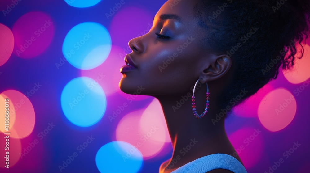 Profile of a young african female model with glowing skin and colorful hoop earrings against a vibrant bokeh background with copy space Profile of a young african female model with glowing skin and colorful hoop earrings against a vibrant bokeh background with copy space