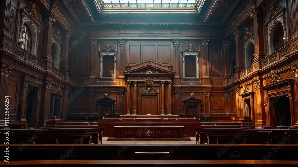 Fototapeta premium Empty courtroom, shadowed figures, silent justice.