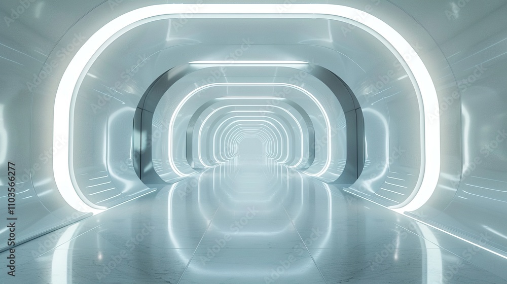 Fototapeta premium High-Tech Abstract Room: Futuristic Tunnel of Light Beams and Reflective Floor
