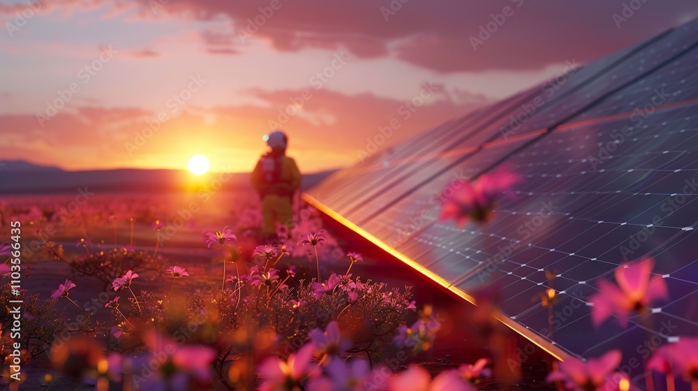 Fototapeta premium High-Tech Solar Array Field Maintenance at Sunset: Futuristic Energy Innovation