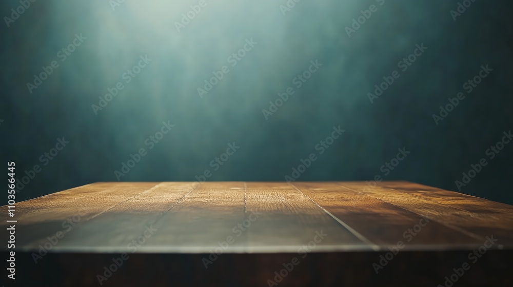 Wooden table surface with soft light and blurred dark background, ideal for product presentation or mockup in a minimalist and professional setting Wooden table surface with soft light and blurred dark background, ideal for product presentation or mockup in a minimalist and professional setting