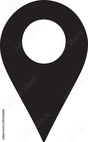 Minimalist silhouette map pin icon design in vector EPS format. Perfect for navigation, travel, location markers, maps, GPS, and geolocation projects. Downloadable and customizable.