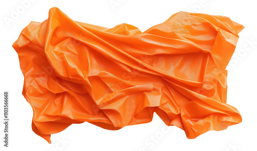 Crumpled bright orange plastic sheet on white background