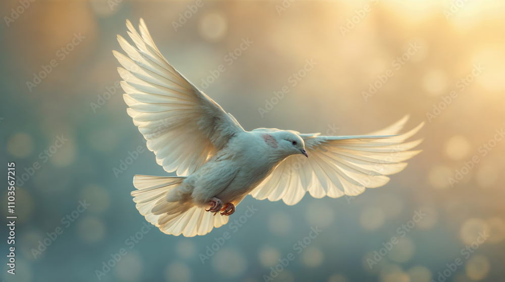 Beautiful White Dove Flying Against Ethereal Blue and Golden Background, Wings Spread Wide in Graceful Flight, Peaceful Spiritual Symbol in Soft Natural Light Beautiful White Dove Flying Against Ethereal Blue and Golden Background, Wings Spread Wide in Graceful Flight, Peaceful Spiritual Symbol in Soft Natural Light