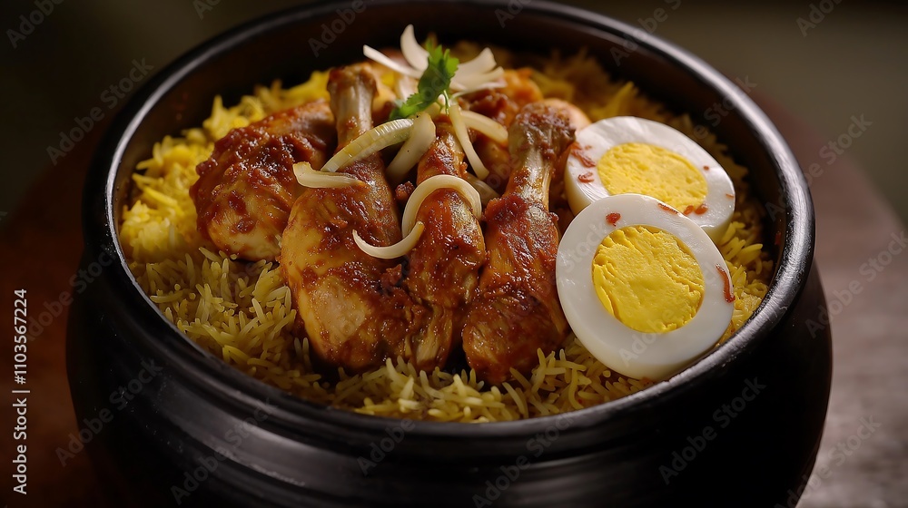 A delicious bowl of chicken biryani featuring tender chicken pieces, aromatic rice, and garnished with eggs and herbs. A delicious bowl of chicken biryani featuring tender chicken pieces, aromatic rice, and garnished with eggs and herbs.