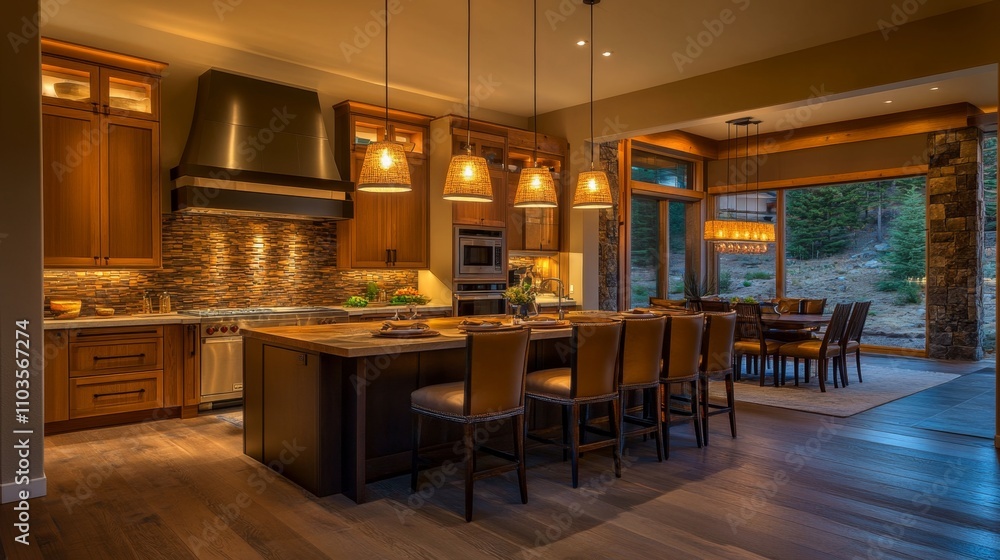 Stunning Modern Kitchen and Dining Area with Warm Ambiance Stunning Modern Kitchen and Dining Area with Warm Ambiance