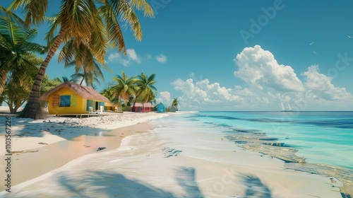 Fototapeta Naklejka Na Ścianę i Meble -  Vibrant Caribbean Beach Scene: Turquoise Waters, Palm Trees, and Beach Huts