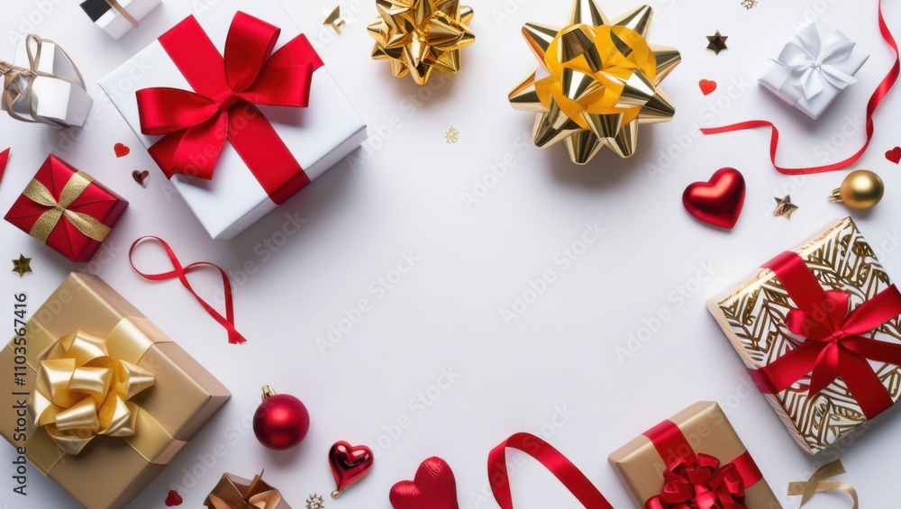 Festive Gift Boxes Arranged on a White Background for Christmas Festive Gift Boxes Arranged on a White Background for Christmas