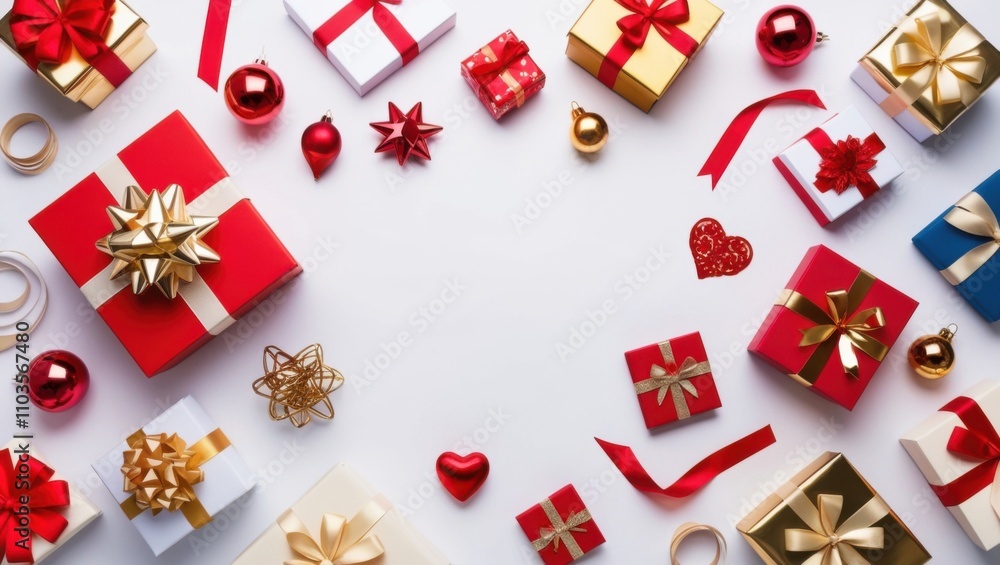 Festive Gift Boxes Arranged on a White Background for Christmas Festive Gift Boxes Arranged on a White Background for Christmas