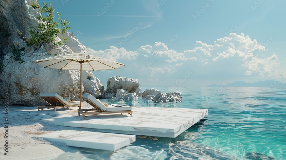 Fototapeta premium Luxury Beach Relaxation: White Marble Platform, Beach Chairs, Parasol, Ocean View