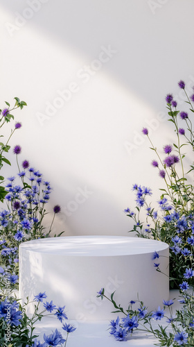 Minimalist White Background with Broad Elevated Stand Framed by Deep Blue-Purple Gentiana and Purple Milk Thistle Flowers, Organic Wellness Design, Generated AI photo