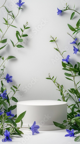 Minimalist White Background with Raised Stand Framed by Delicate Green Leaves and Vibrant Blue-Purple Gentian Flowers, Clean and Organic Design, Generated AI photo