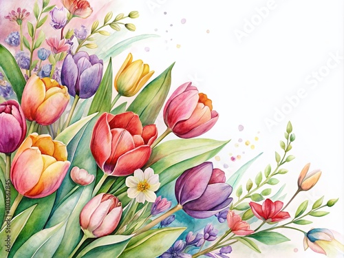 Elegant Watercolor Tulips Border for Spring Floral Backgrounds, Perfect for Greeting Cards, Wedding Invitations and Abstract Designs with Copy Space for Customization