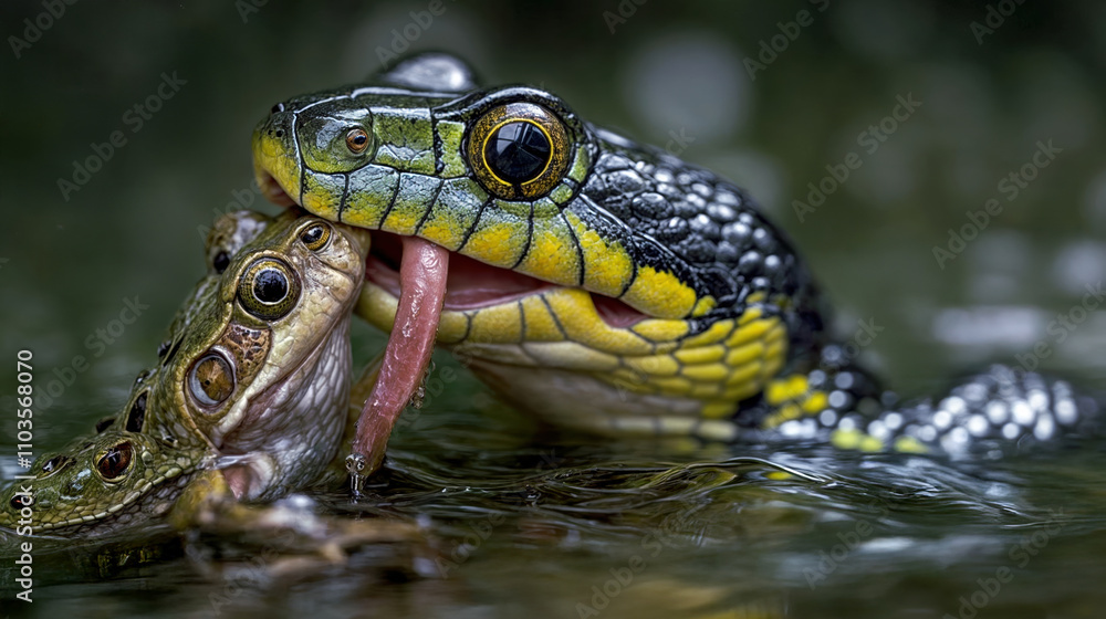 Yellow and Black Snake Devouring Green Frog in Water, Dramatic Close-up Macro Photography of Predator and Prey in Natural Habitat During Rainfall Yellow and Black Snake Devouring Green Frog in Water, Dramatic Close-up Macro Photography of Predator and Prey in Natural Habitat During Rainfall