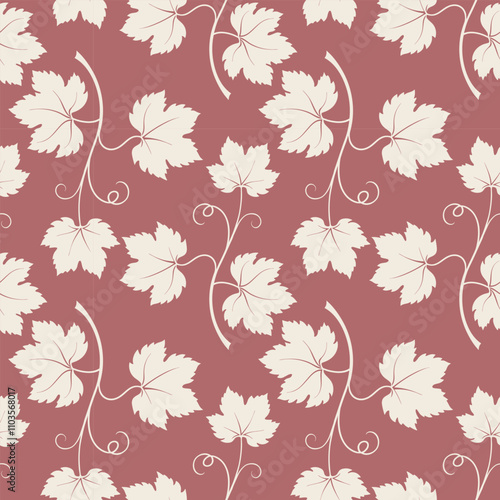 Grapevine with leaf pattern, silhouette of the vine on burgundy red background.